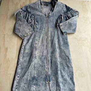 Vintage Hollywood Blvd Coat Womens 22 Blue Denim Fringe Zip Western 80s USA